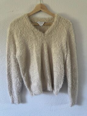 Bottega Veneta Cream Fuzzy V-Neck Sweater